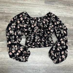 Free People V Neck Black Floral Rose Ruched Cropped Sheer Boho Blouse Size Small